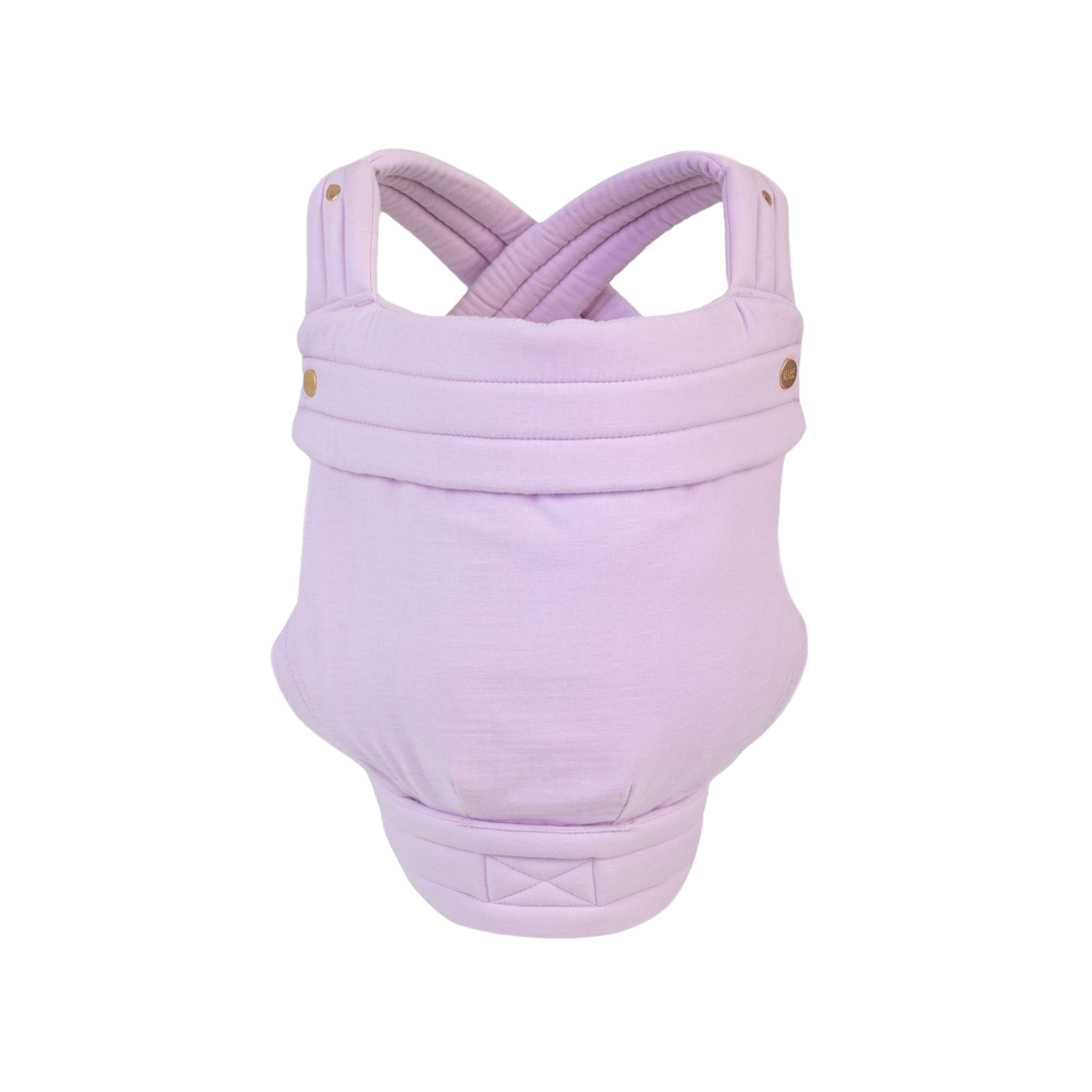 The Mabē Monarch Carrier, front view, alone on a white background. The carrier has crossed straps for across the back and a fold-down head support flap with snaps. This colorway is Lilac Skies, which is solid lilac.