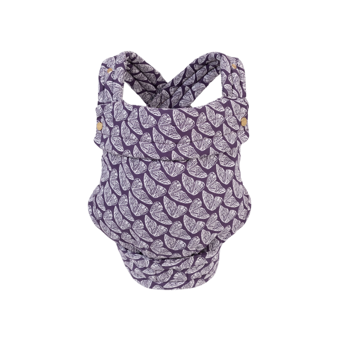 The Mabē Monarch Carrier, front view, alone on a white background. The carrier has crossed straps for across the back and a fold-down head support flap with snaps. This colorway is Violet Wings, which is dark purple with lighter butterfly wings patterned on it.