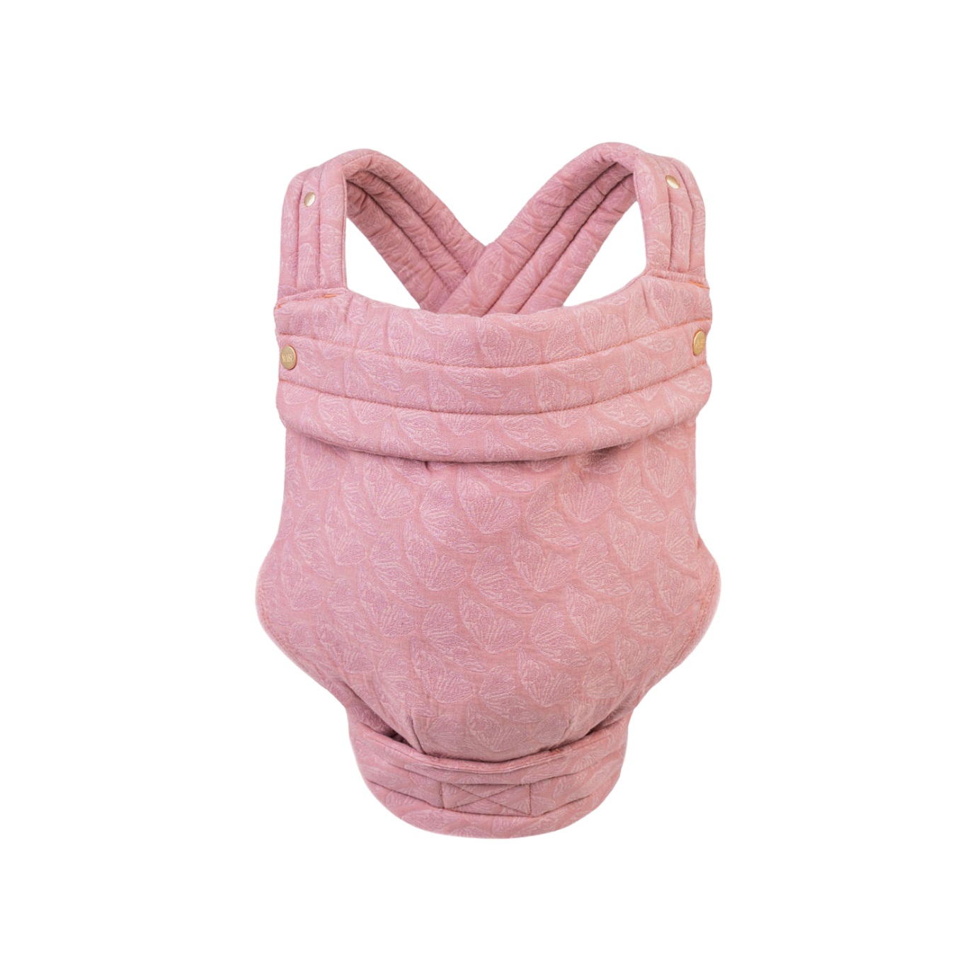 The Mabē Monarch Carrier, front view, alone on a white background. The carrier has crossed straps for across the back and a fold-down head support flap with snaps. This colorway is Mauve Wings, which is solid light blush pink with lighter butterfly wings patterned on it.