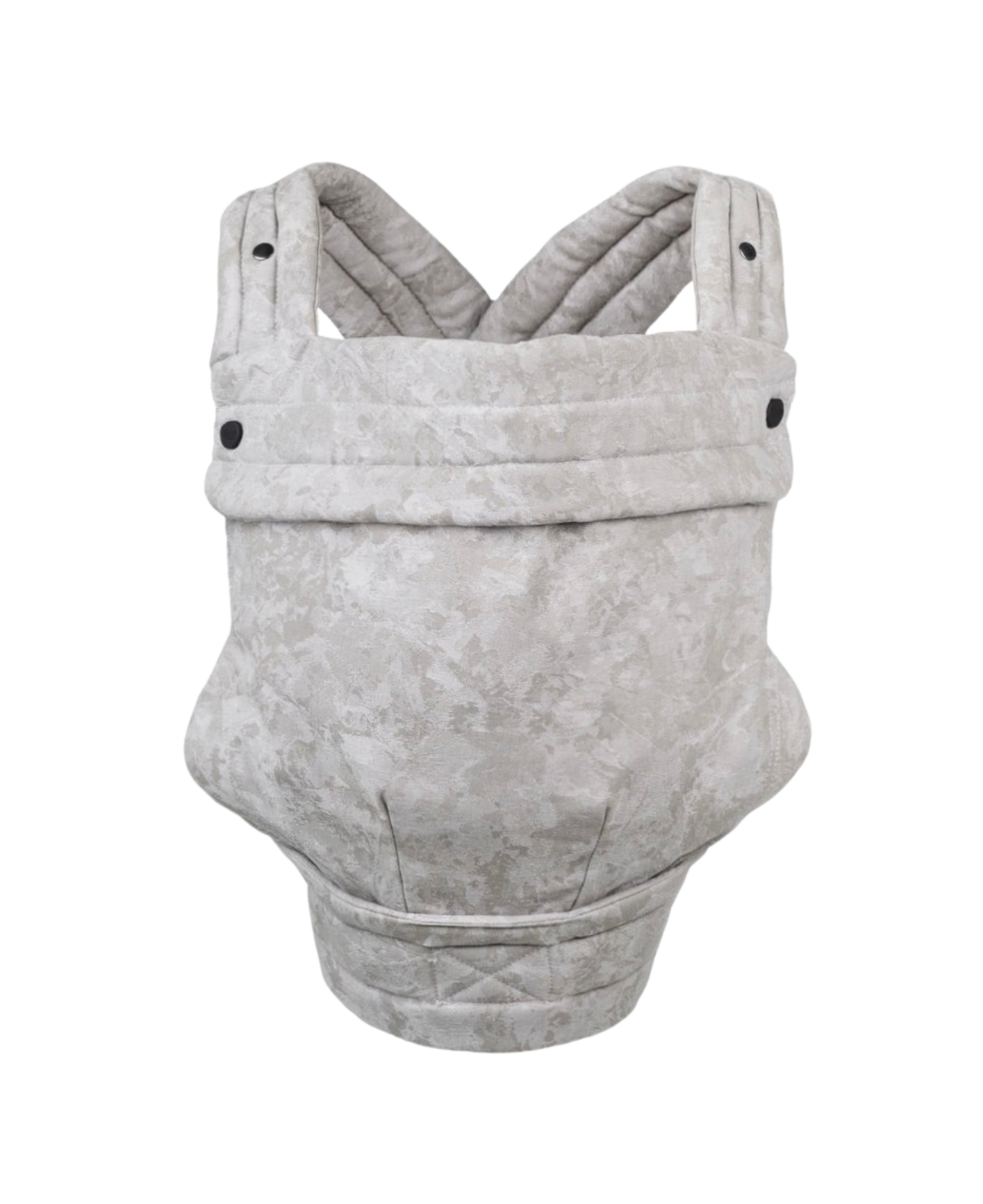 Mabē Monarch Buckle carrier front view in light gray Ashland Camo pattern. The carrier has padded crossed shoulder straps, a padded head support folded down, and a padded waistband.