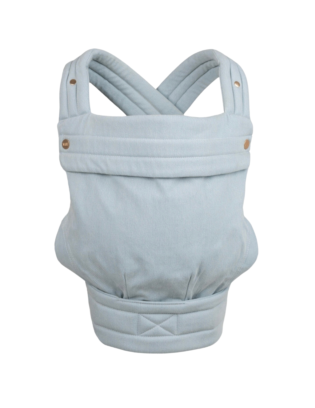 The Mabē Monarch Carrier, front view, alone on a white background. The carrier has crossed straps for across the back and a fold-down head support flap with snaps. This colorway is Dream Wash Denim, which is solid light-wash denim fabric.
