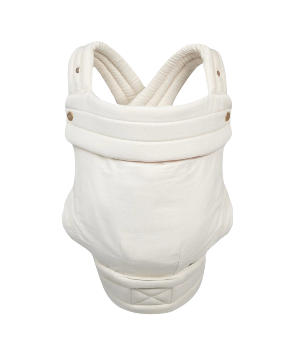 The Mabē Monarch Carrier, front view, alone on a white background. The carrier has crossed straps for across the back and a fold-down head support flap with snaps. This colorway is Ivory, which is solid warm off-white.